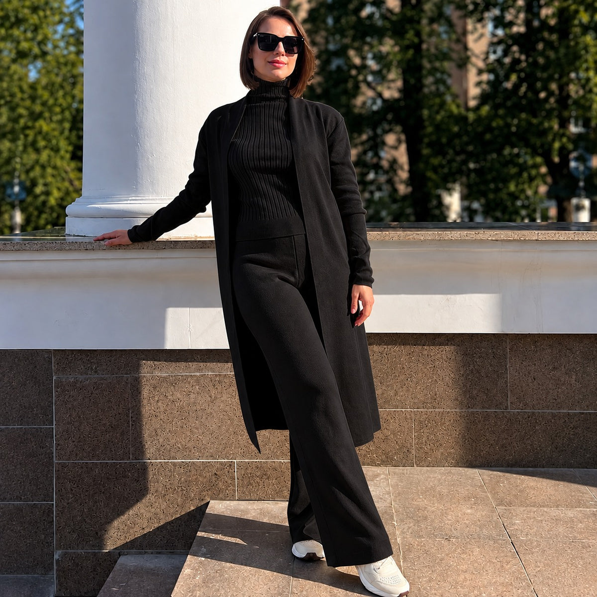 Set Hanna™ mit geripptem Rollkragentop, langem Cardigan und weiter Hose