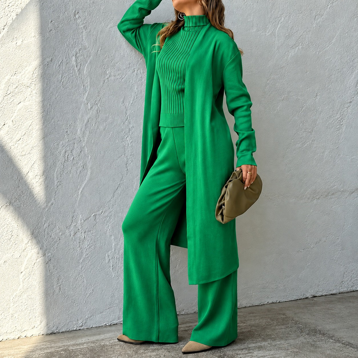 Set Hanna™ mit geripptem Rollkragentop, langem Cardigan und weiter Hose