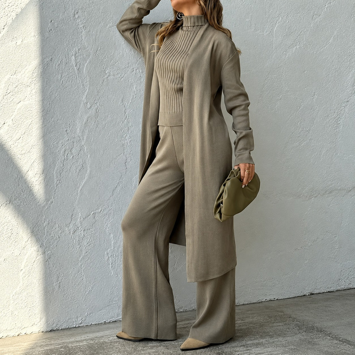 Set Hanna™ mit geripptem Rollkragentop, langem Cardigan und weiter Hose