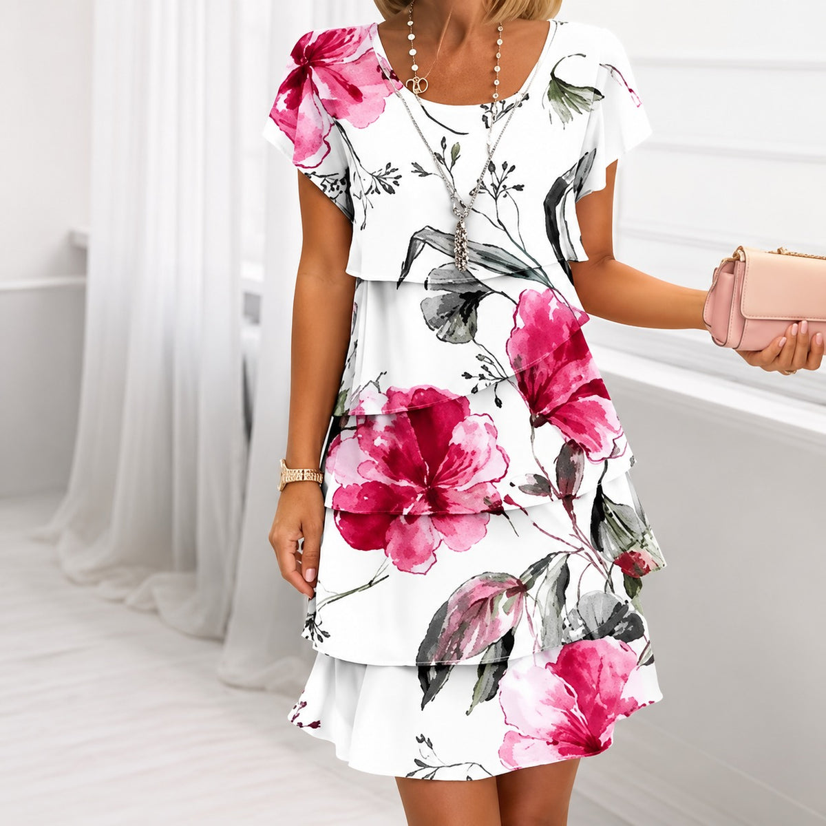 Kleid Roswitha™ mit Lagenoptik, kurzen Ärmeln und Rundhalsausschnitt