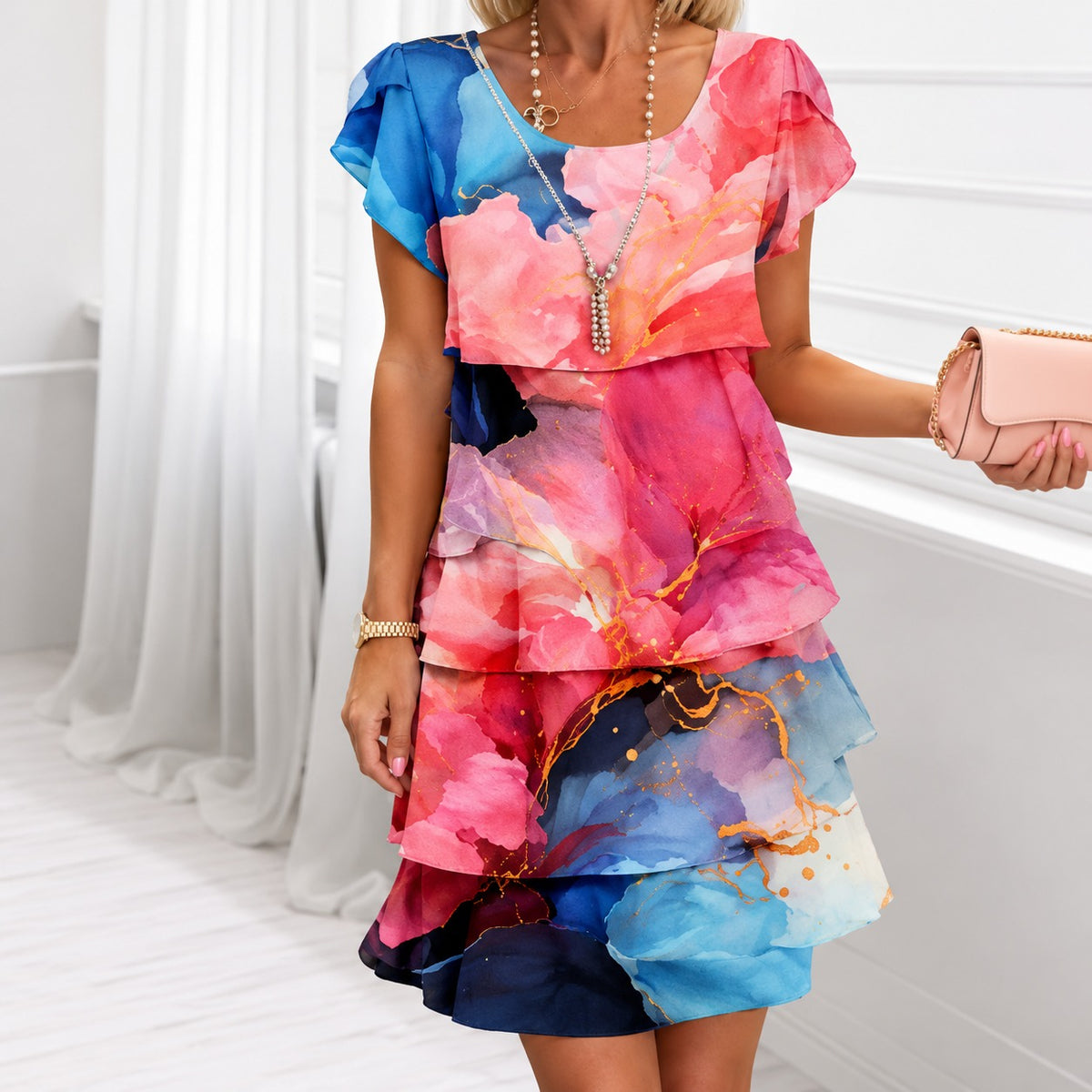 Kleid Roswitha™ mit Lagenoptik, kurzen Ärmeln und Rundhalsausschnitt