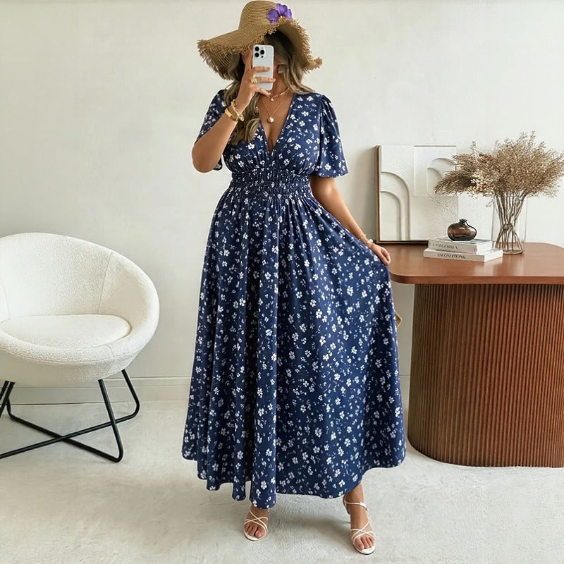 Kleid Loretina™ mit Charmantem Blumenmuster, Tailliertem Schnitt und Locker Fallenden Kurzen Ärmeln