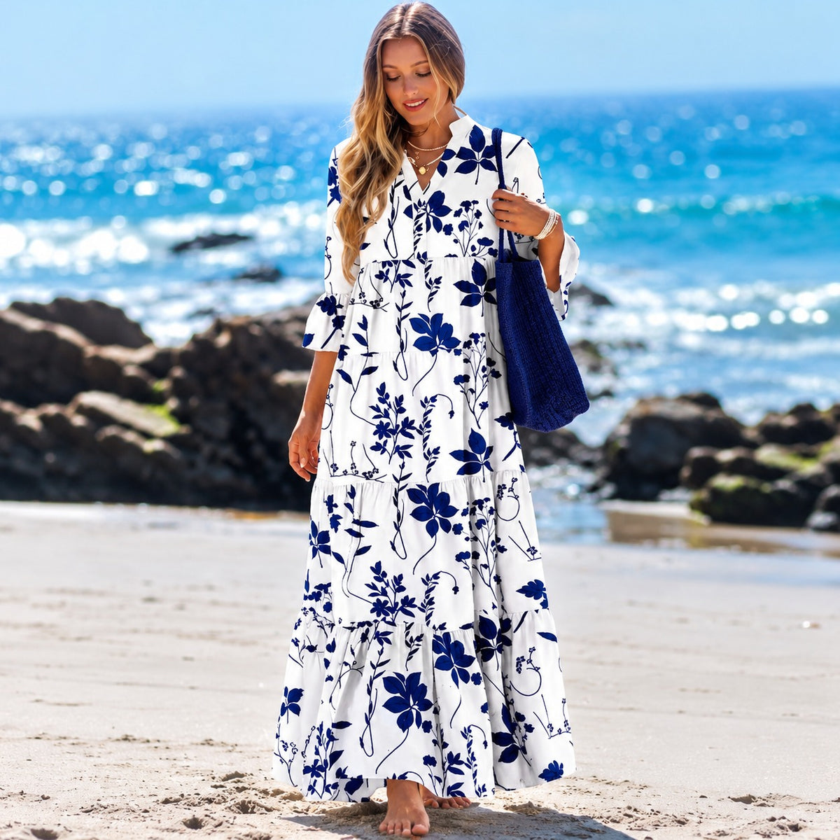 Liana™ Maxikleid mit Blumenprint, 3/4-Ärmeln und langem Stufenrock