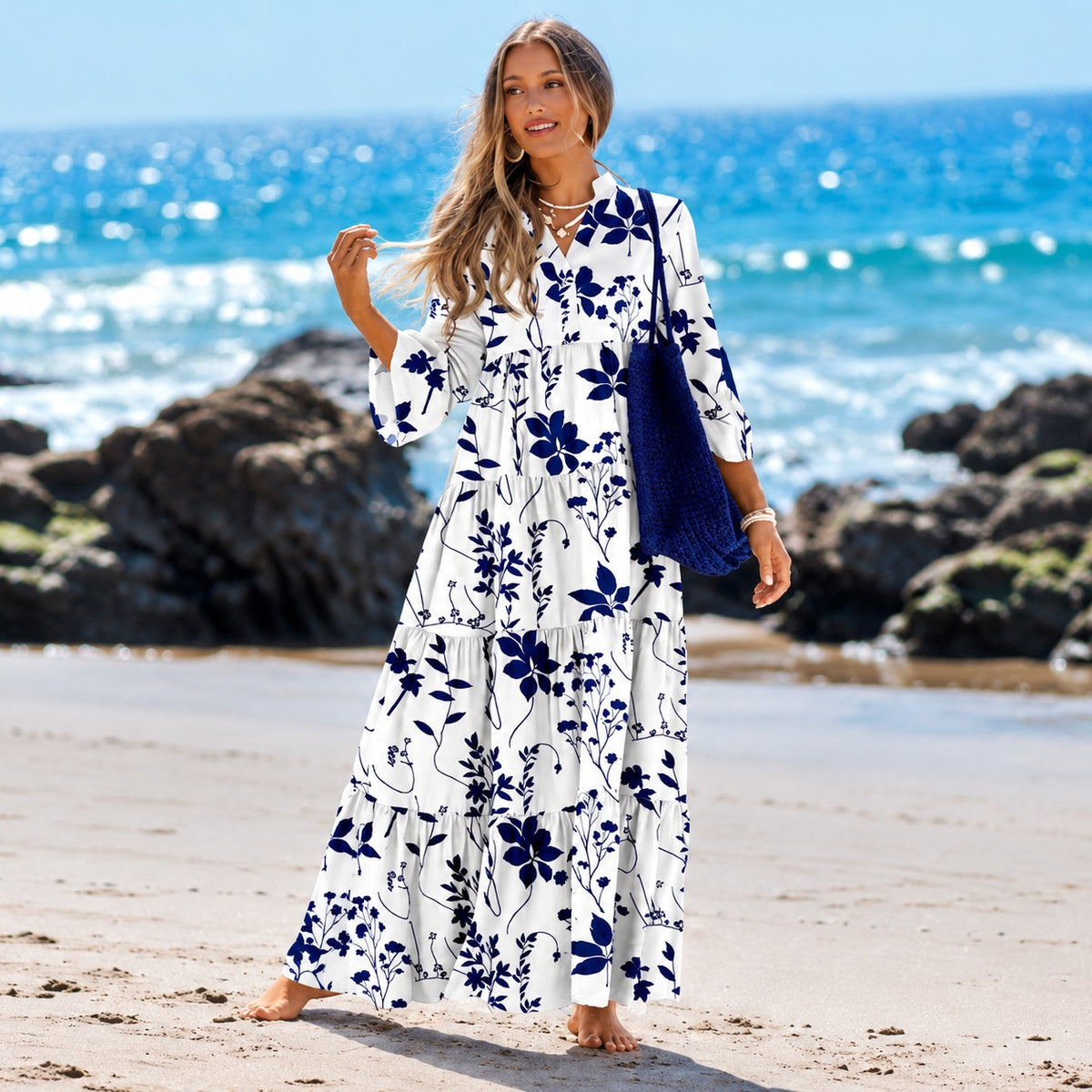 Liana™ Maxikleid mit Blumenprint, 3/4-Ärmeln und langem Stufenrock