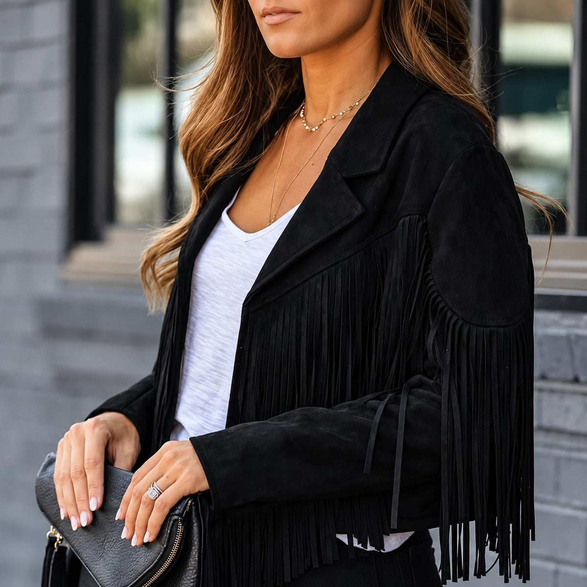 Jacke Saskia™ mit langen Fransen, Reverskragen und Velourslederoptik