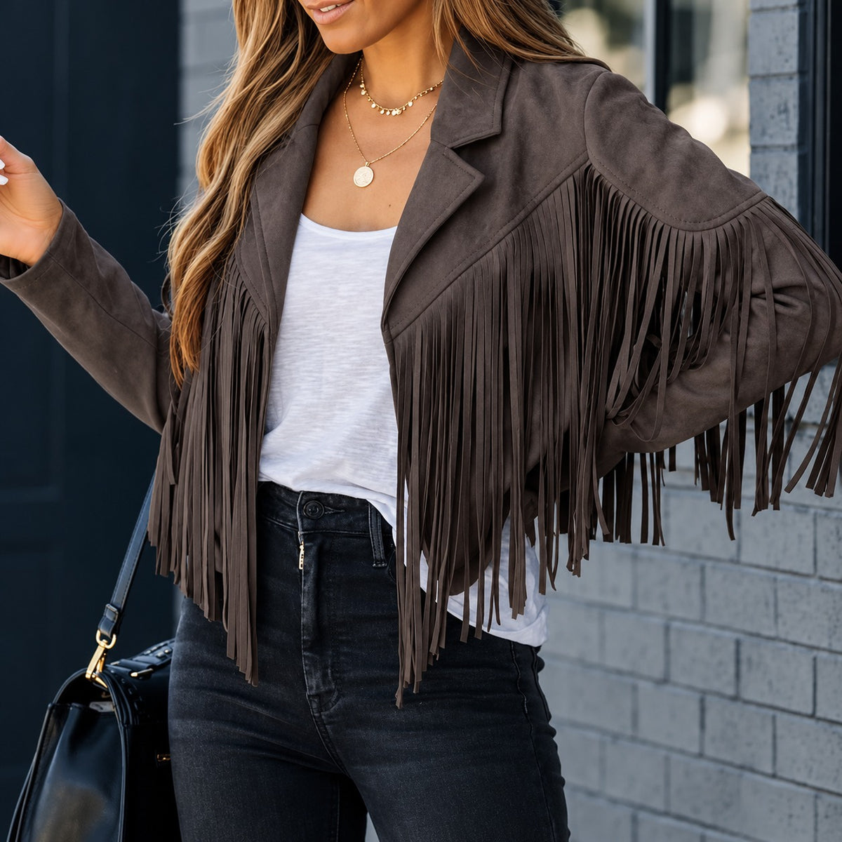Jacke Saskia™ mit langen Fransen, Reverskragen und Velourslederoptik