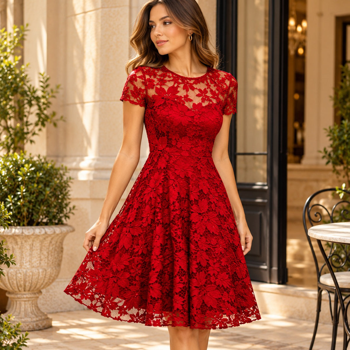Kleid Lisavena™ mit Durchbrochener Blumenspitze, Betonter Taille und Leicht Ausgestelltem Rock