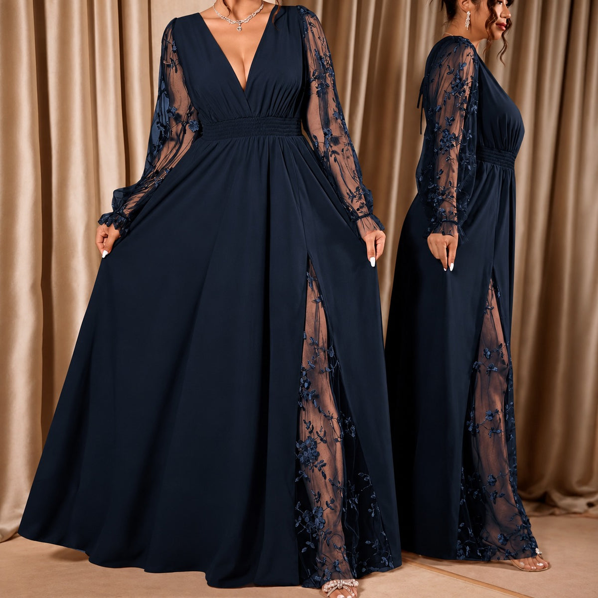 Kleid Florentine™ in A-Linie mit floralem Tüllschlitz und transparenten Ärmeln