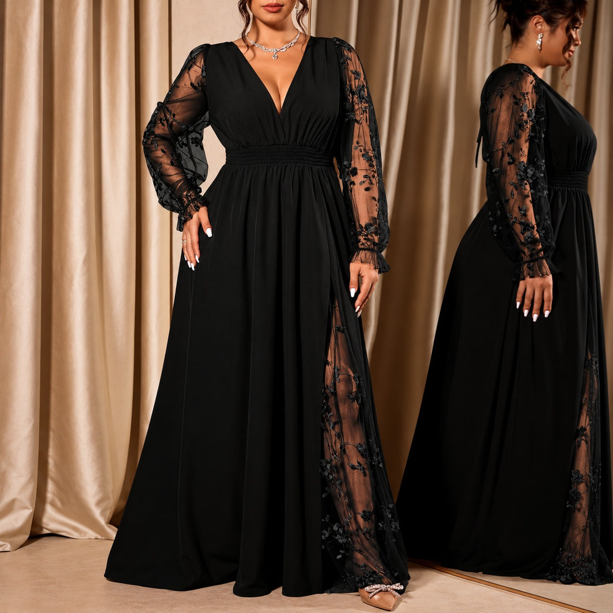 Kleid Florentine™ in A-Linie mit floralem Tüllschlitz und transparenten Ärmeln