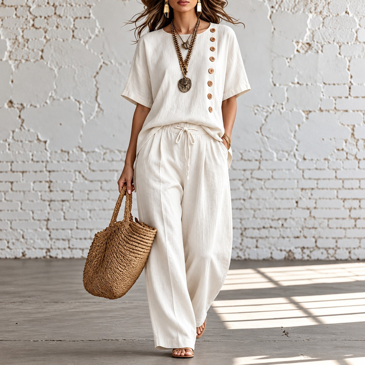 Set Anouk™ mit Zierknopfbluse und weit geschnittener Hose