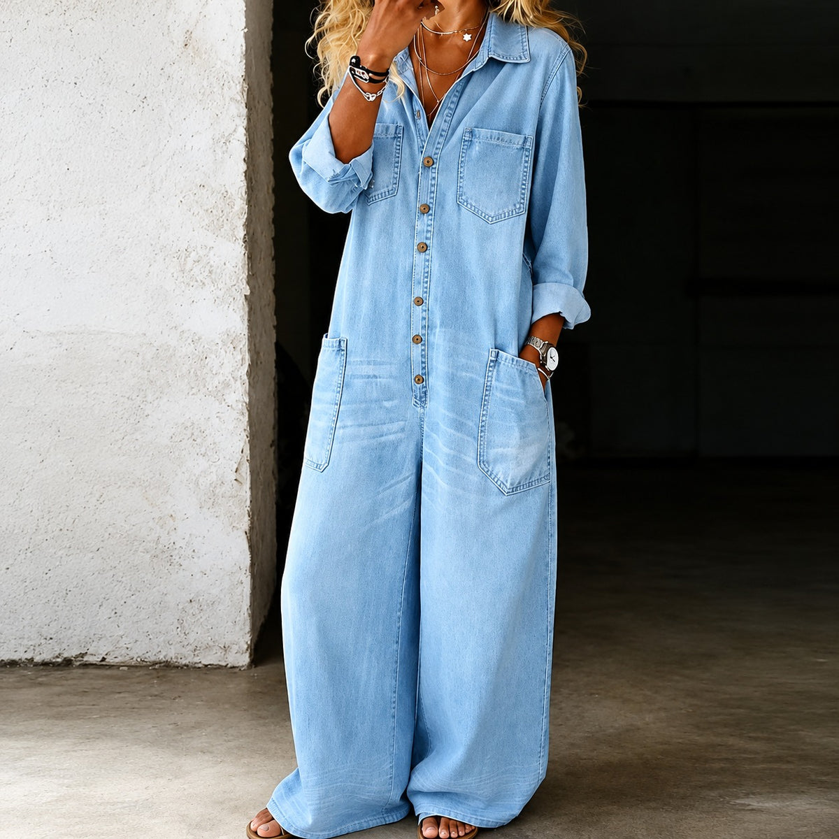 Overall Marlena™ aus Denim mit lockerem Schnitt und vorderer Knopfleiste