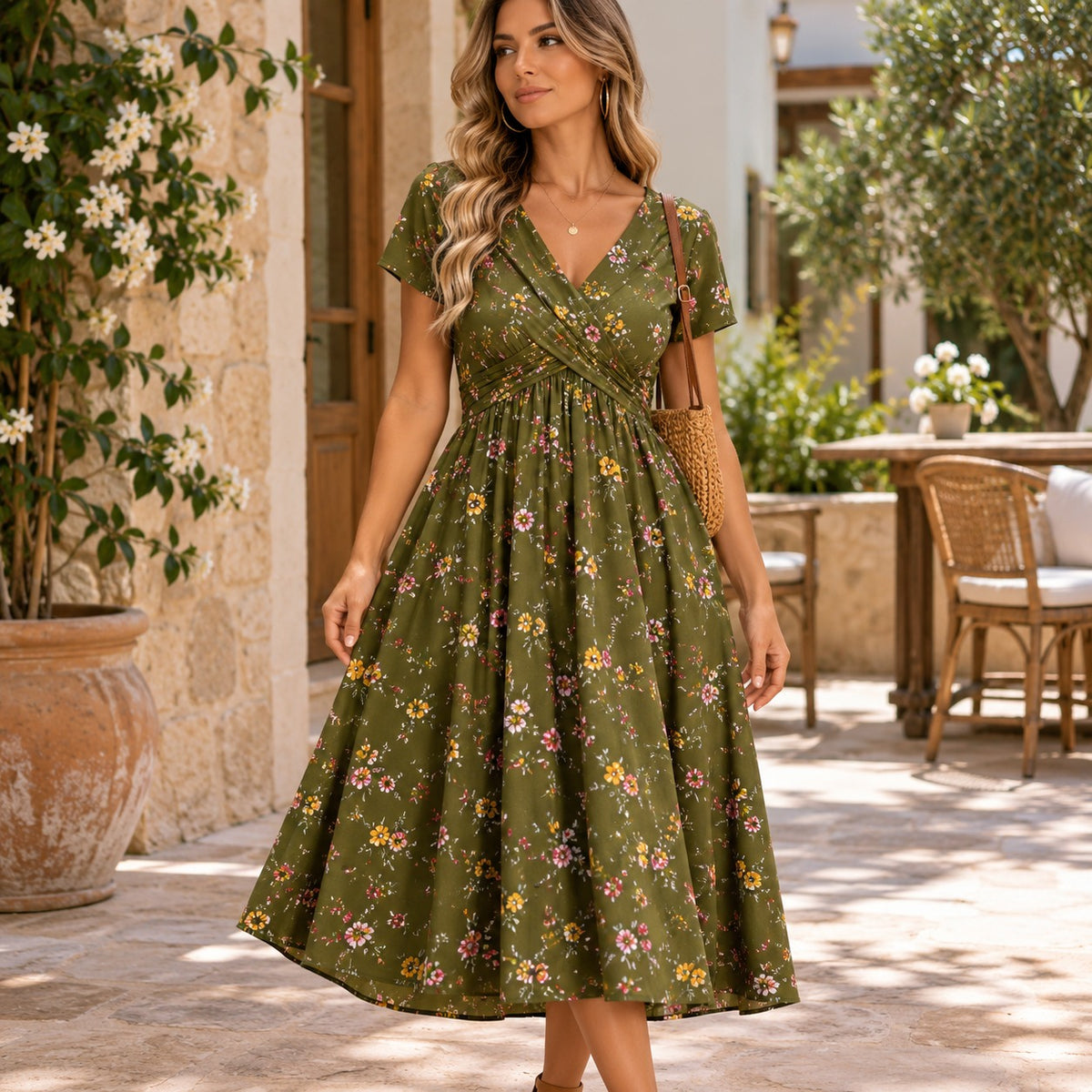 Kleid Florisa™ mit Blumenmuster, Überlappendem V-Ausschnitt und Betonter Taille