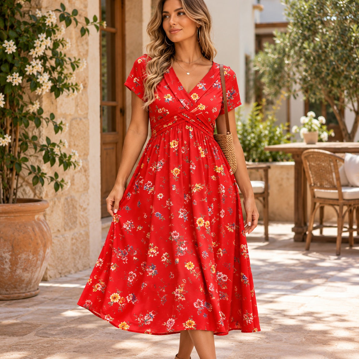 Kleid Florisa™ mit Blumenmuster, Überlappendem V-Ausschnitt und Betonter Taille