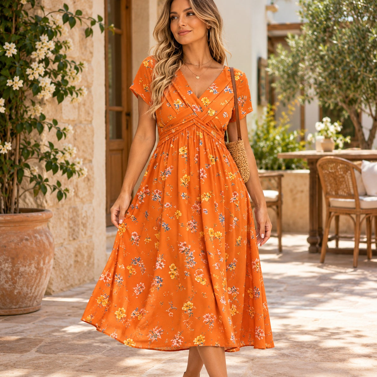 Kleid Florisa™ mit Blumenmuster, Überlappendem V-Ausschnitt und Betonter Taille