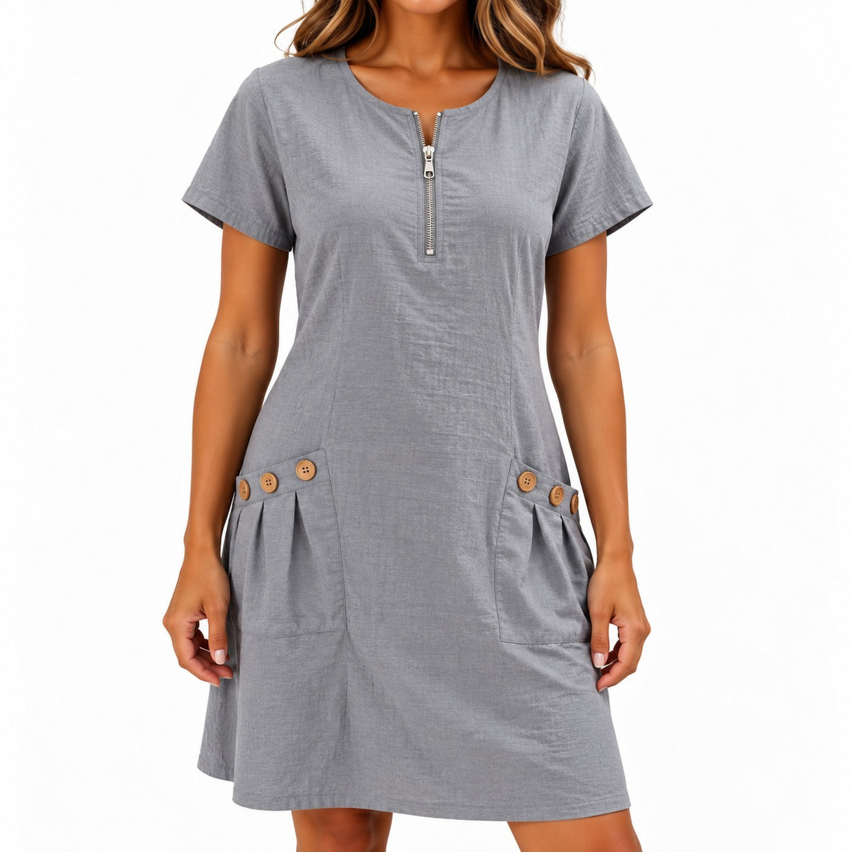 Kleid Jolina™ mit Reißverschluss am Ausschnitt und Taschen mit Knöpfen