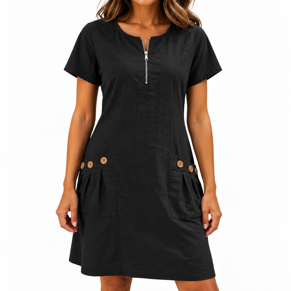 Kleid Jolina™ mit Reißverschluss am Ausschnitt und Taschen mit Knöpfen
