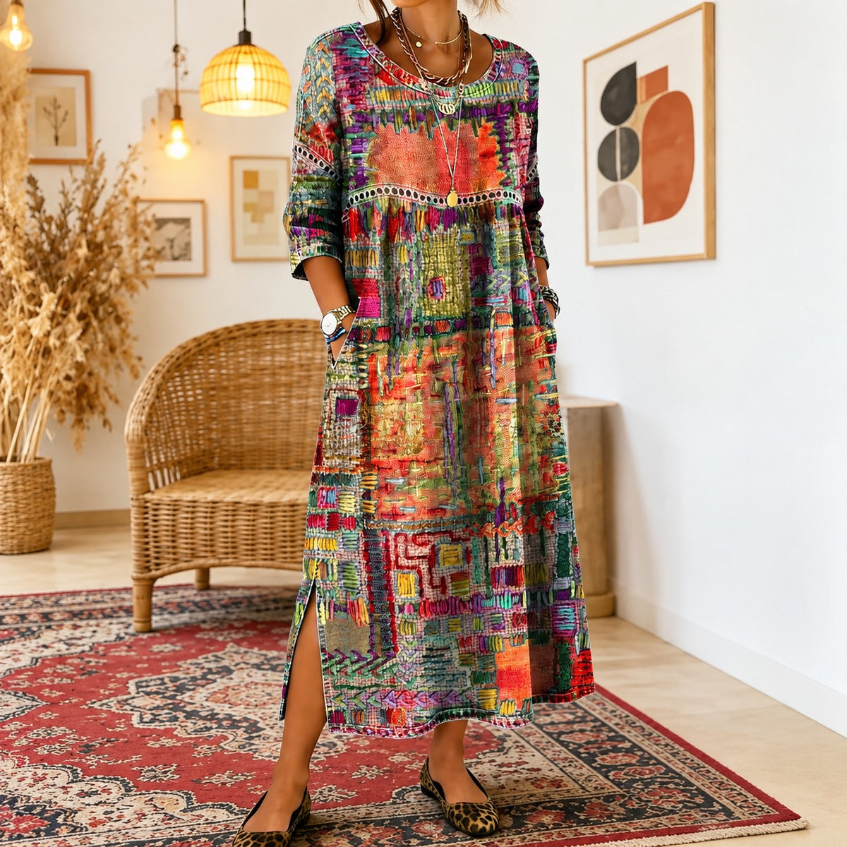 Kleid Marlen™ mit farbenfrohem Muster im Patchwork-Stil und Rundhalsausschnitt