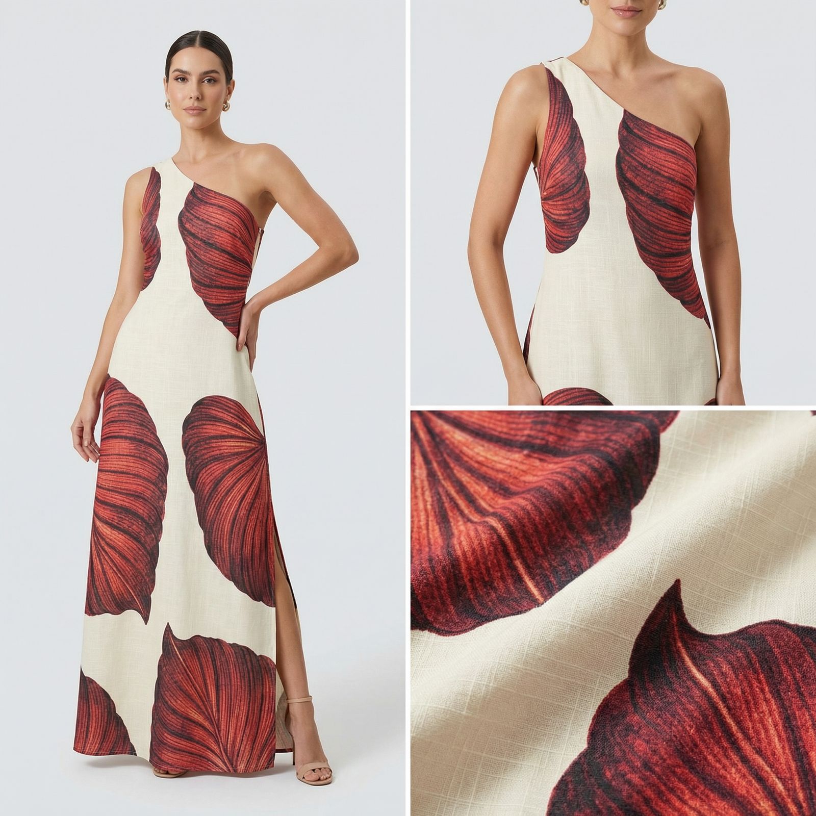 Yara™ Maxikleid aus strukturierter Viskose mit seitlichem Schlitz und asymmetrischem Ausschnitt