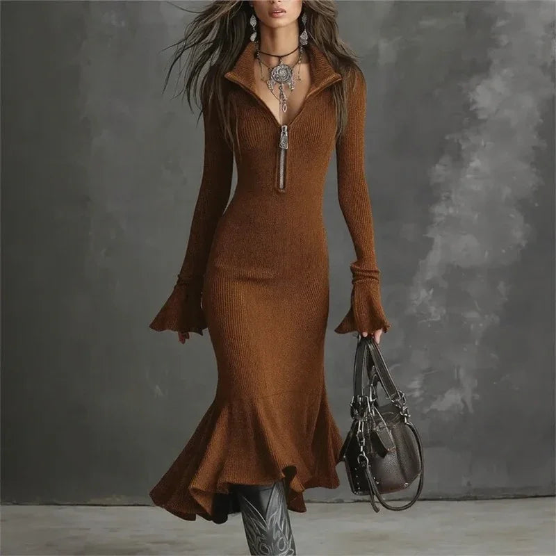 Evora Luxe™ Kleid Aus Geripptem Strick Mit Frontreißverschluss und Meerjungfrauensaum