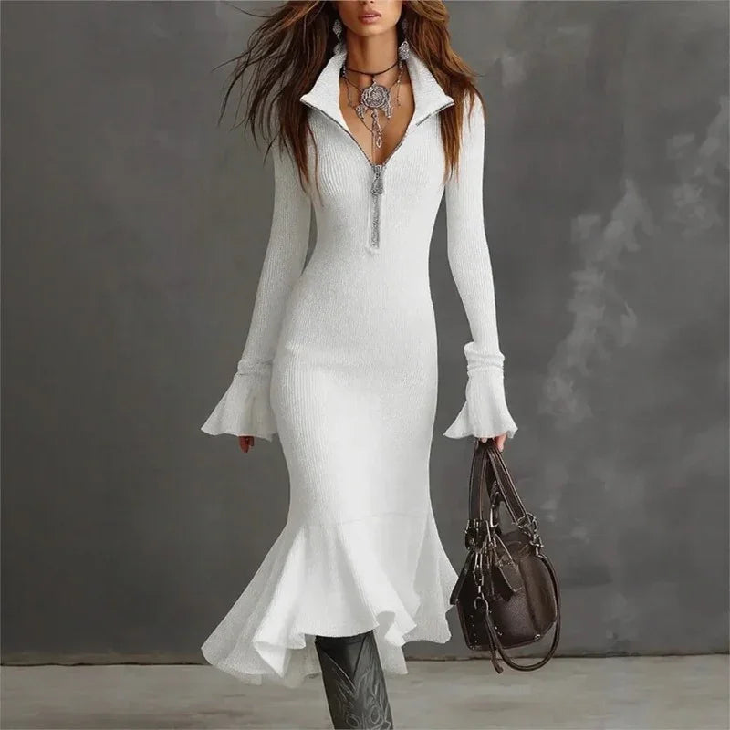 Evora Luxe™ Kleid Aus Geripptem Strick Mit Frontreißverschluss und Meerjungfrauensaum