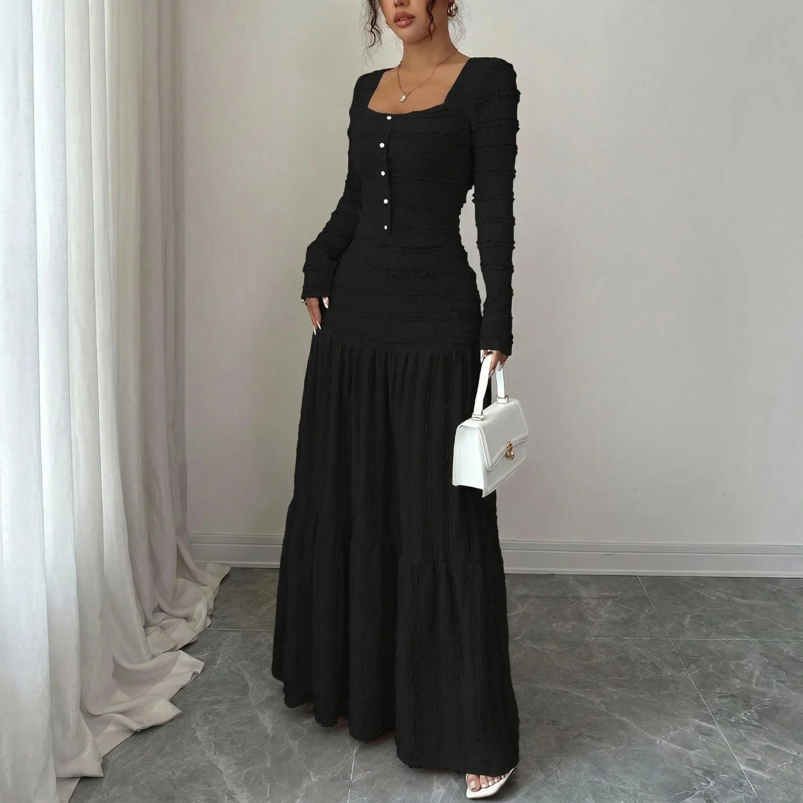 Úrsula™ Langes Kleid aus Plissiertem Strick mit Vorderer Knopfleiste