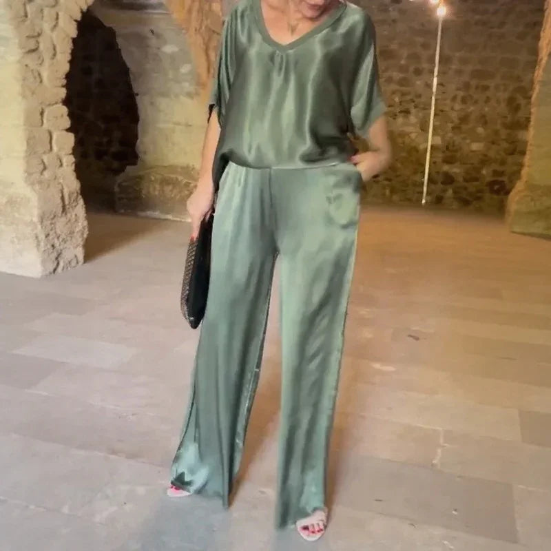 Marevielle™ Set Aus Satinartigem Stoff Mit Lockerer Bluse und Fließender Pantalonhose