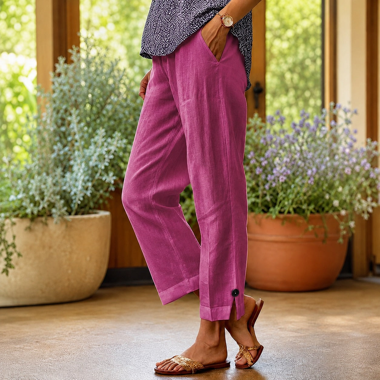 Sylvie™ Hose aus Baumwoll-Leinen mit Seitlichem Schlitz am Saum