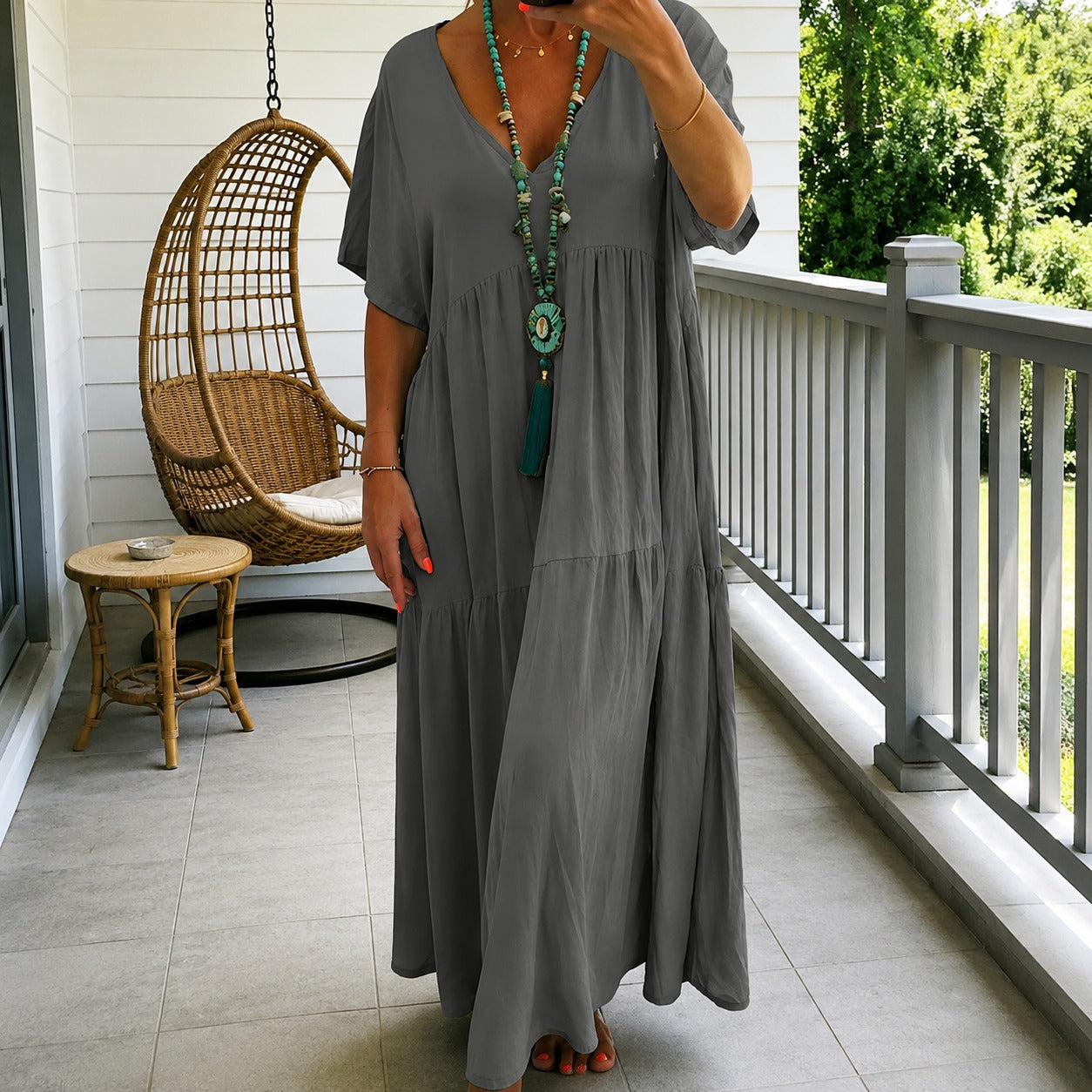 Liorenna™ Kleid aus Baumwoll-Leinen mit Lockerer Passform und V-Ausschnitt