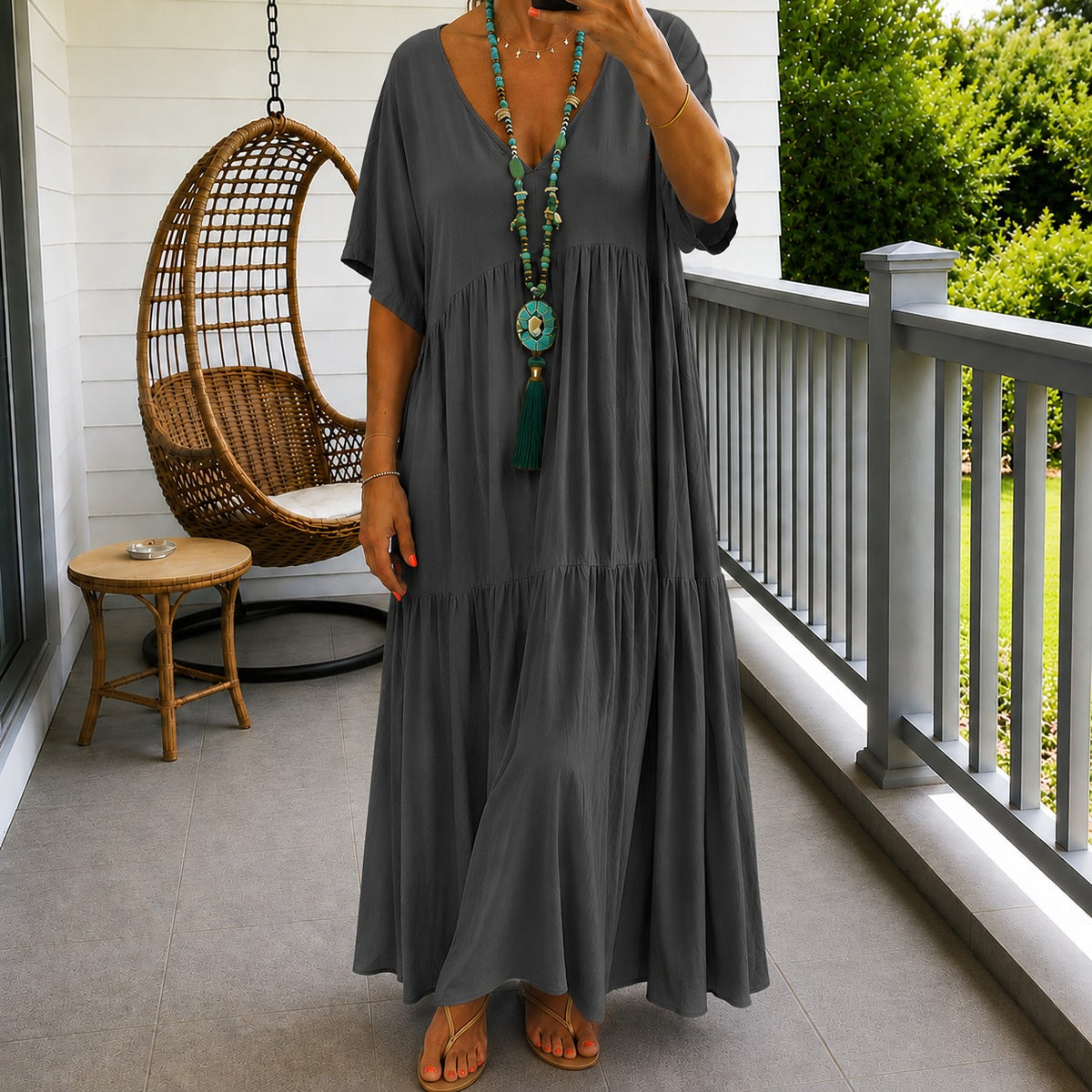 Liorenna™ Kleid aus Baumwoll-Leinen mit Lockerer Passform und V-Ausschnitt