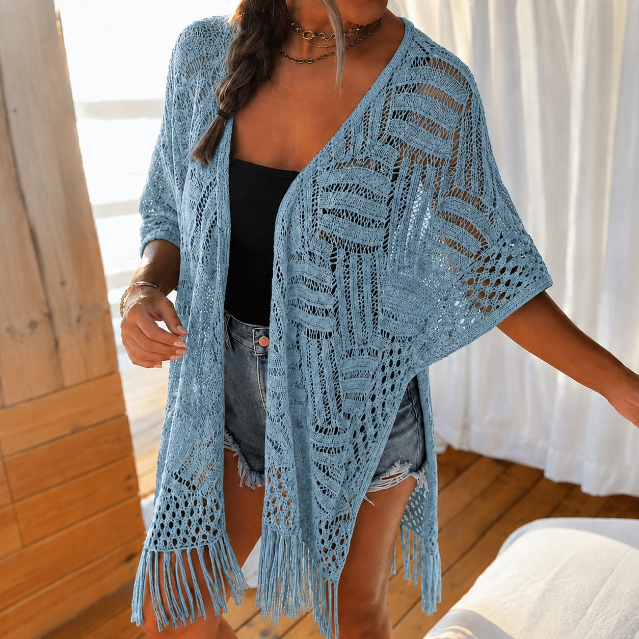 Kimono Calivie™ aus Lochstrick mit Fransen