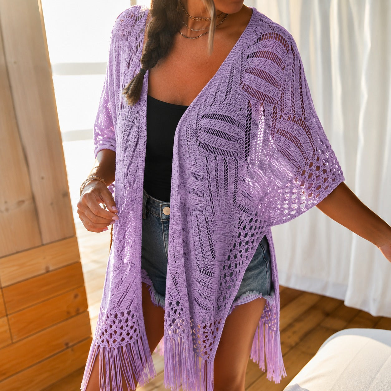 Kimono Calivie™ aus Lochstrick mit Fransen