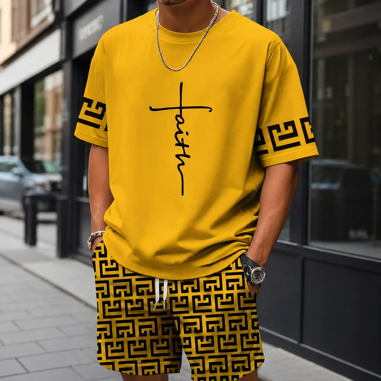 Zweiteiler Roven™ mit oversized T-Shirt und gemusterter Shorts / Moderner Streetwear-Look mit hohem Tragekomfort.