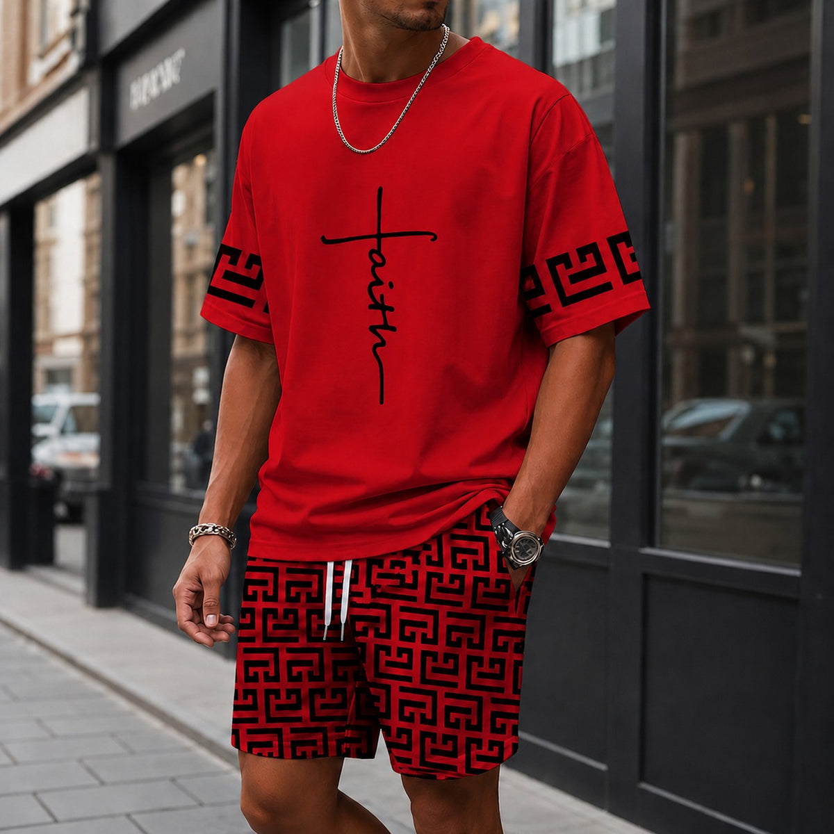 Zweiteiler Roven™ mit oversized T-Shirt und gemusterter Shorts / Moderner Streetwear-Look mit hohem Tragekomfort.