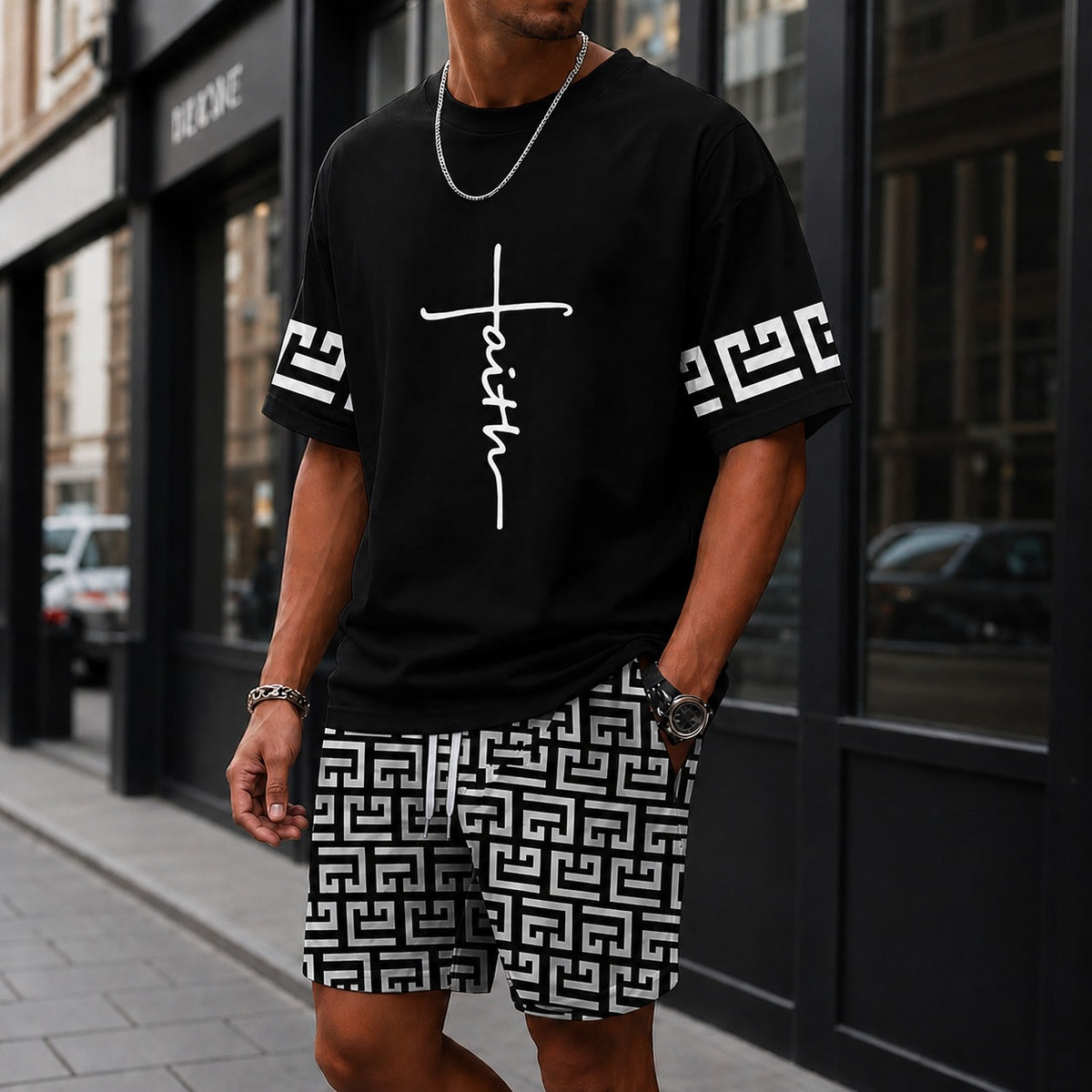 Zweiteiler Roven™ mit oversized T-Shirt und gemusterter Shorts / Moderner Streetwear-Look mit hohem Tragekomfort.