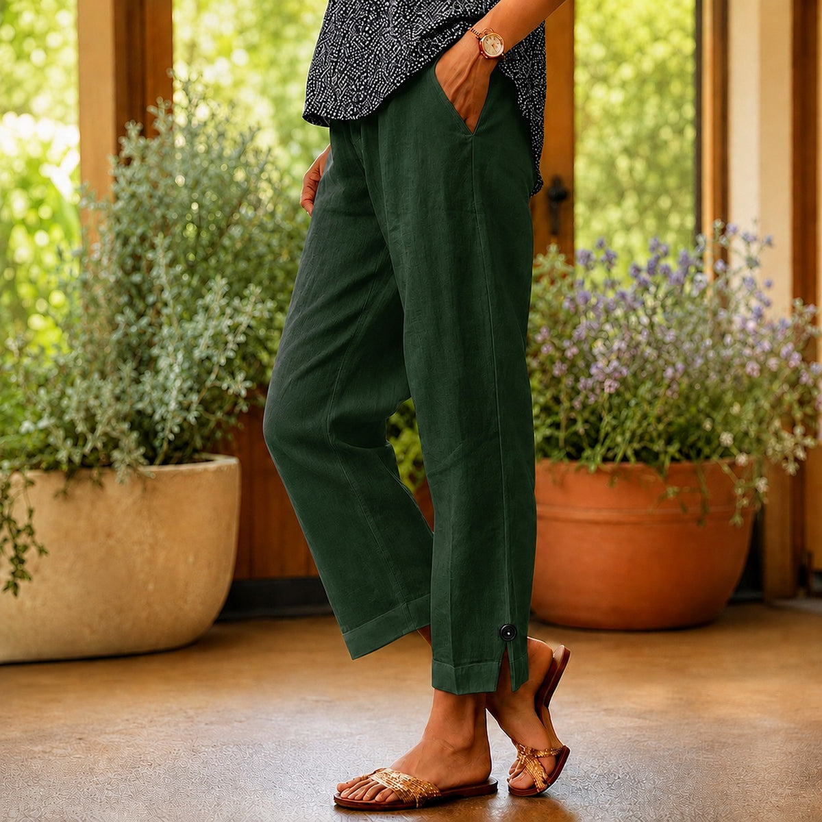 Sylvie™ Hose aus Baumwoll-Leinen mit Seitlichem Schlitz am Saum
