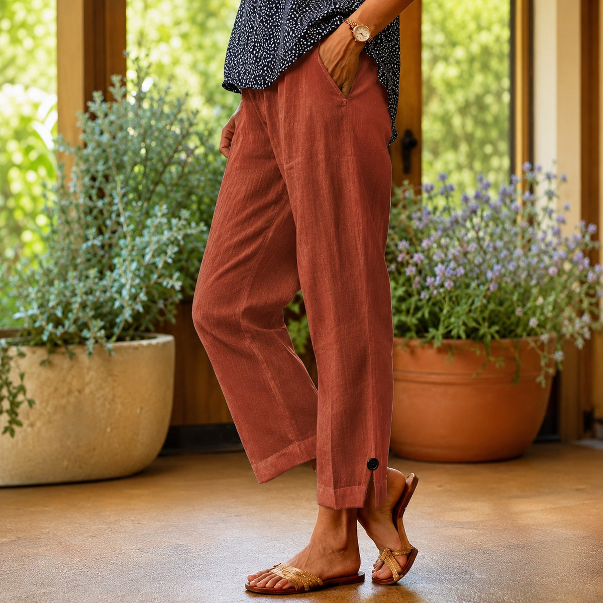 Sylvie™ Hose aus Baumwoll-Leinen mit Seitlichem Schlitz am Saum