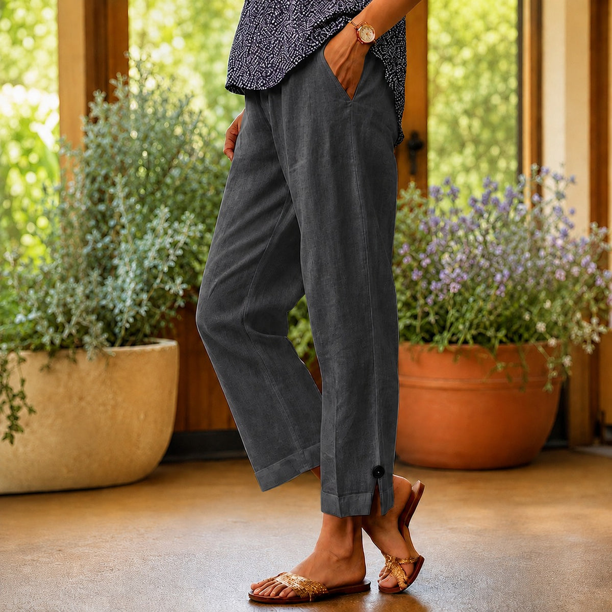 Sylvie™ Hose aus Baumwoll-Leinen mit Seitlichem Schlitz am Saum