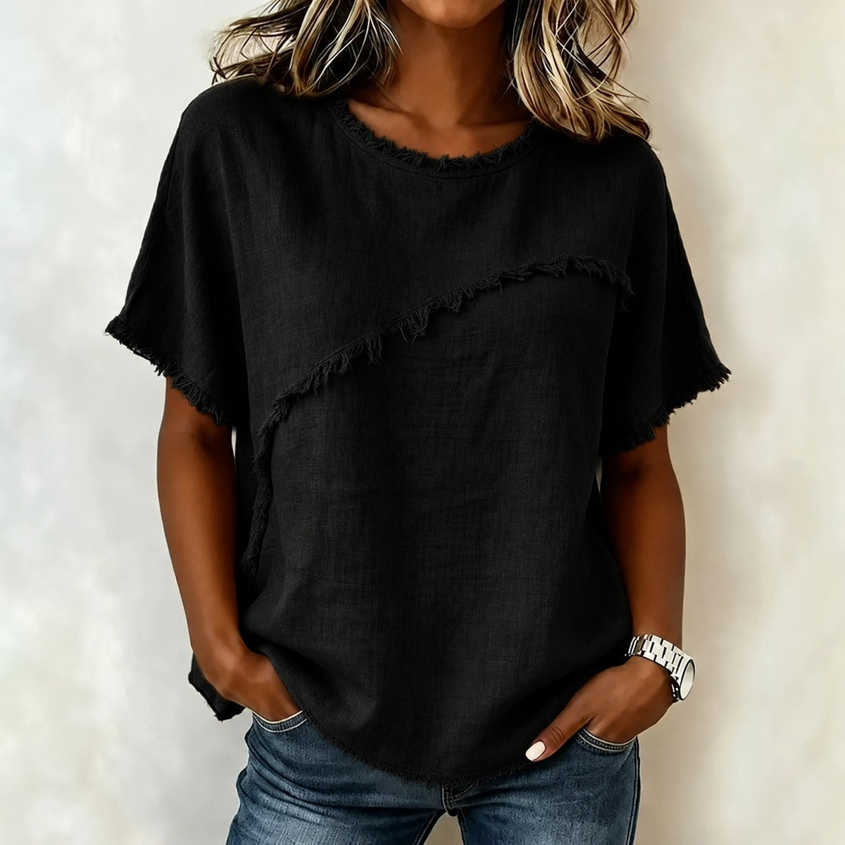 Bluse Verena™ mit asymmetrischem Einsatz und ausgefransten Details