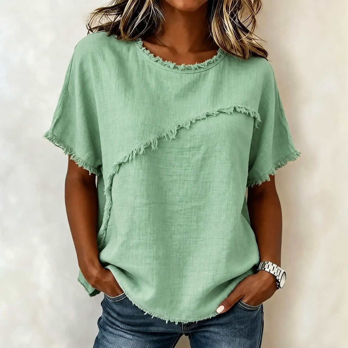Bluse Verena™ mit asymmetrischem Einsatz und ausgefransten Details