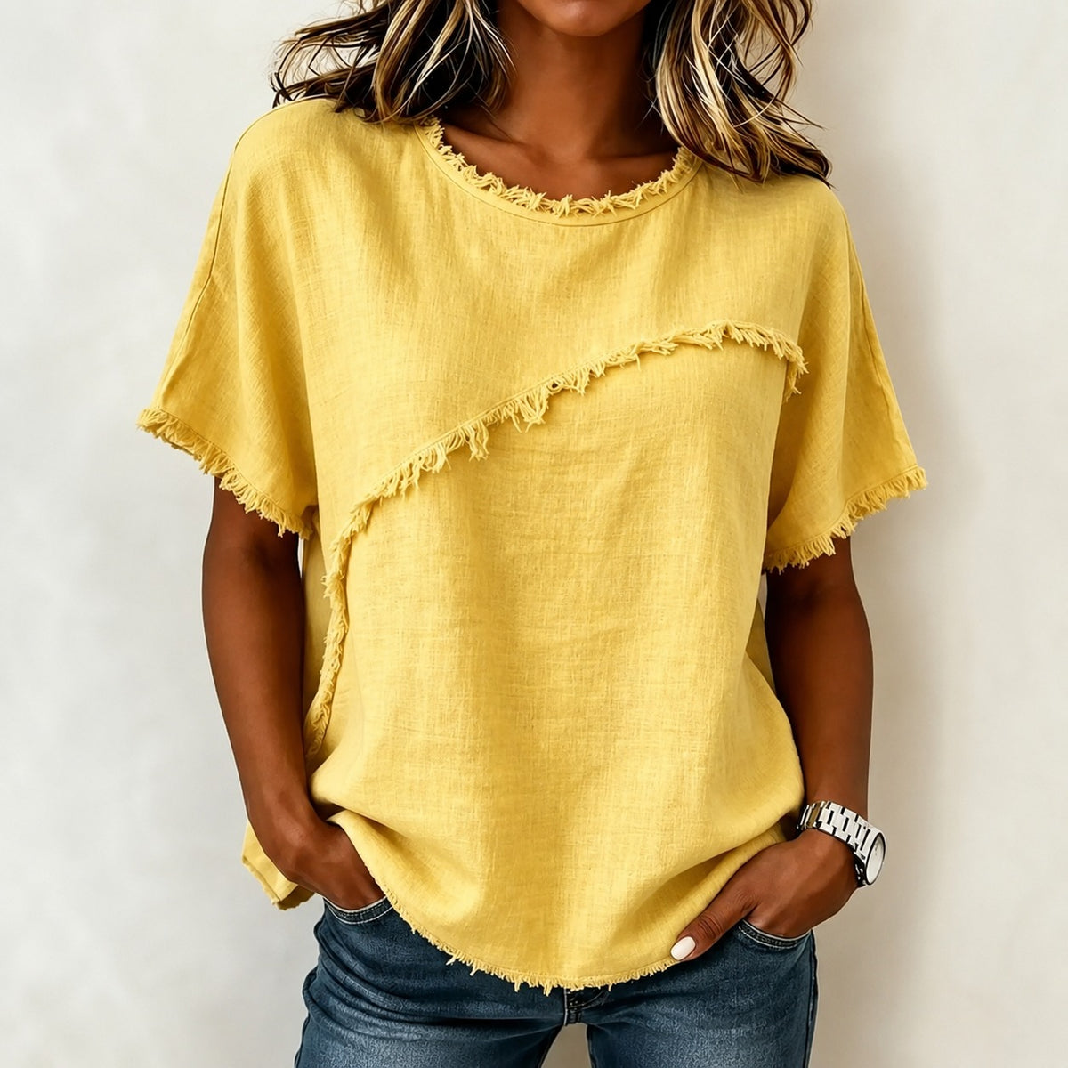 Bluse Verena™ mit asymmetrischem Einsatz und ausgefransten Details