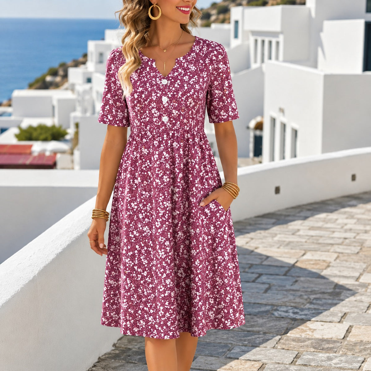 Livia™ Midikleid mit vorderer Knopfleiste, Blumenmuster und kurzen Ärmeln