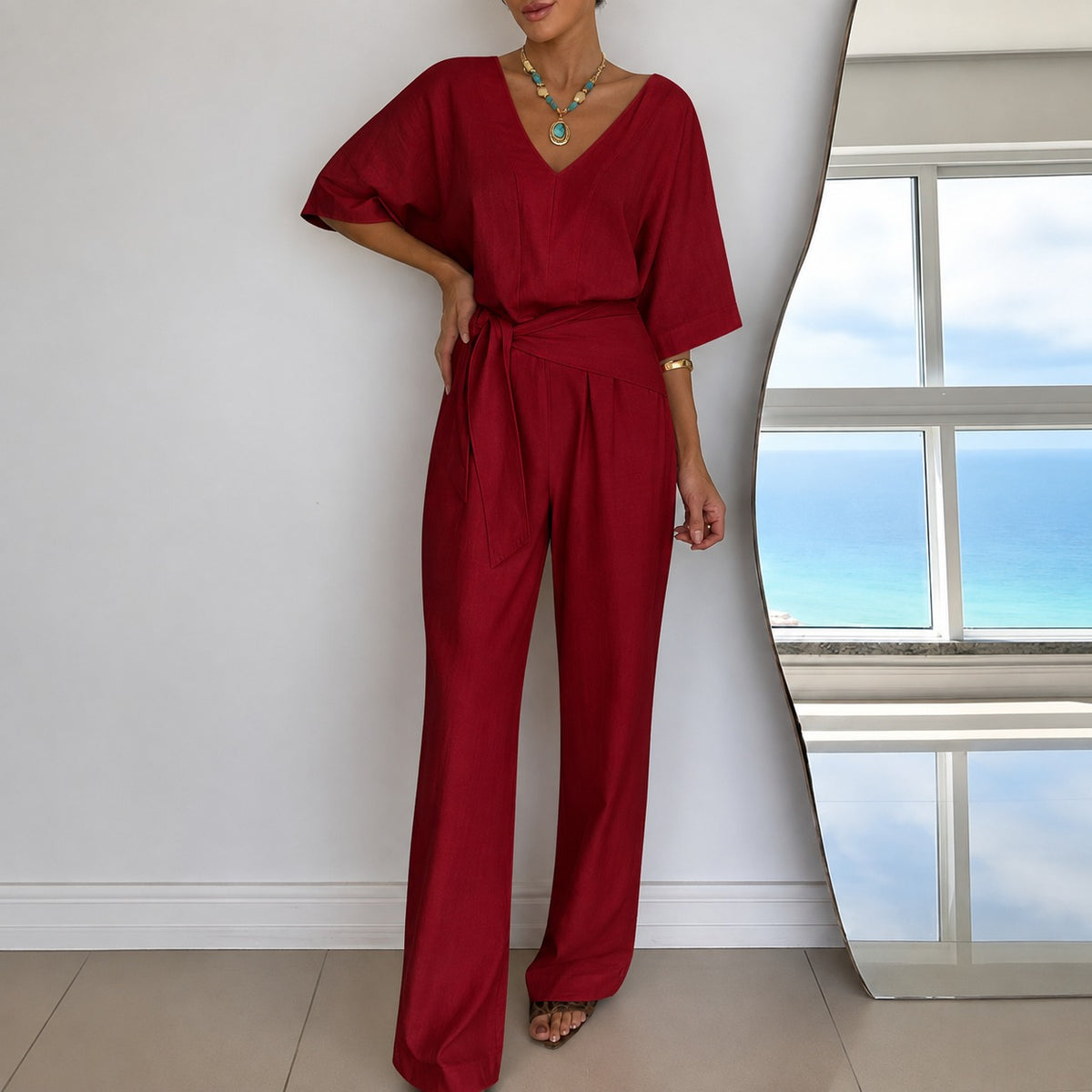 Overall Sophia™ mit V-Ausschnitt, Bindegürtel und weitem Schnitt