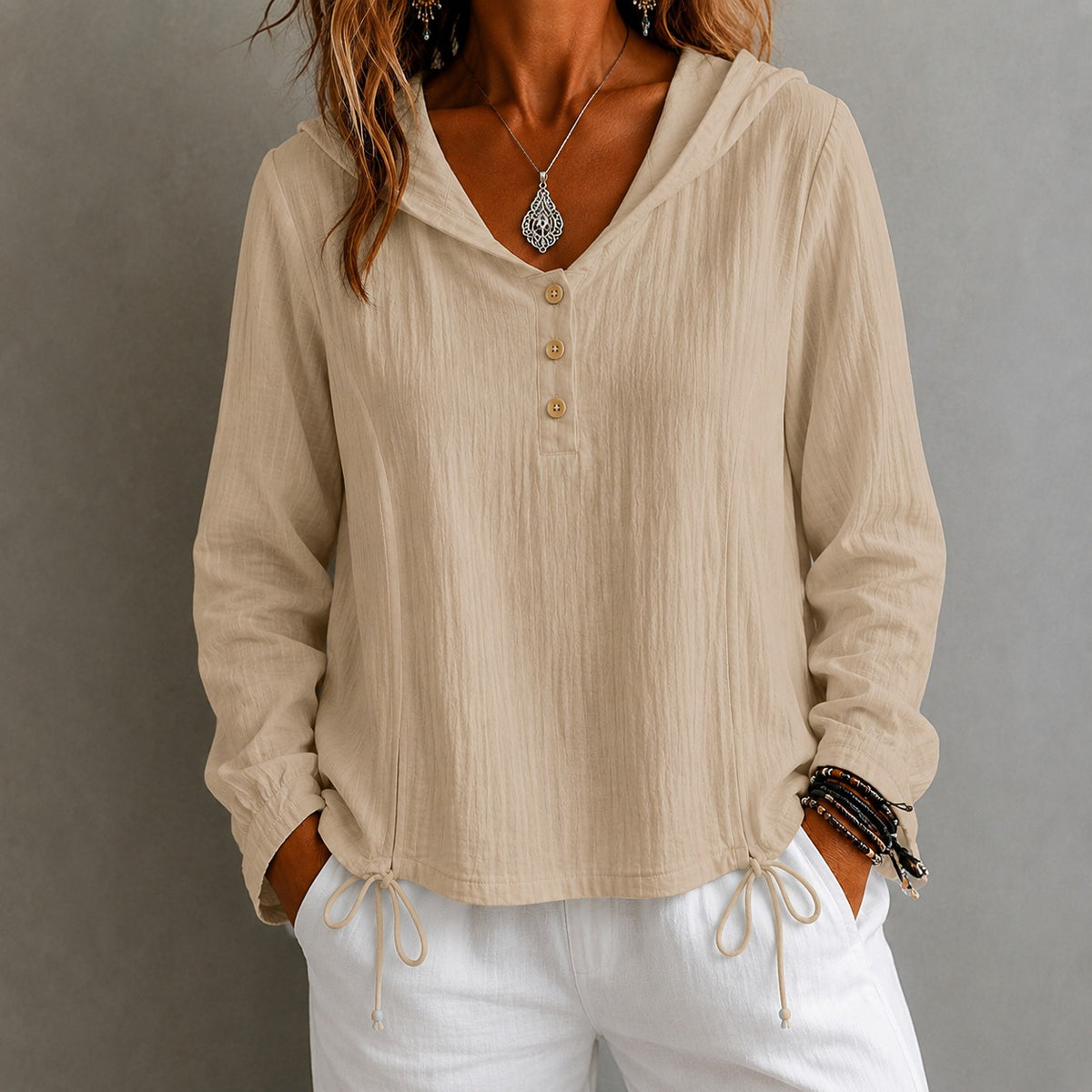 Bluse Matilda™ mit Kapuze, Knopfleiste und Kordelzug
