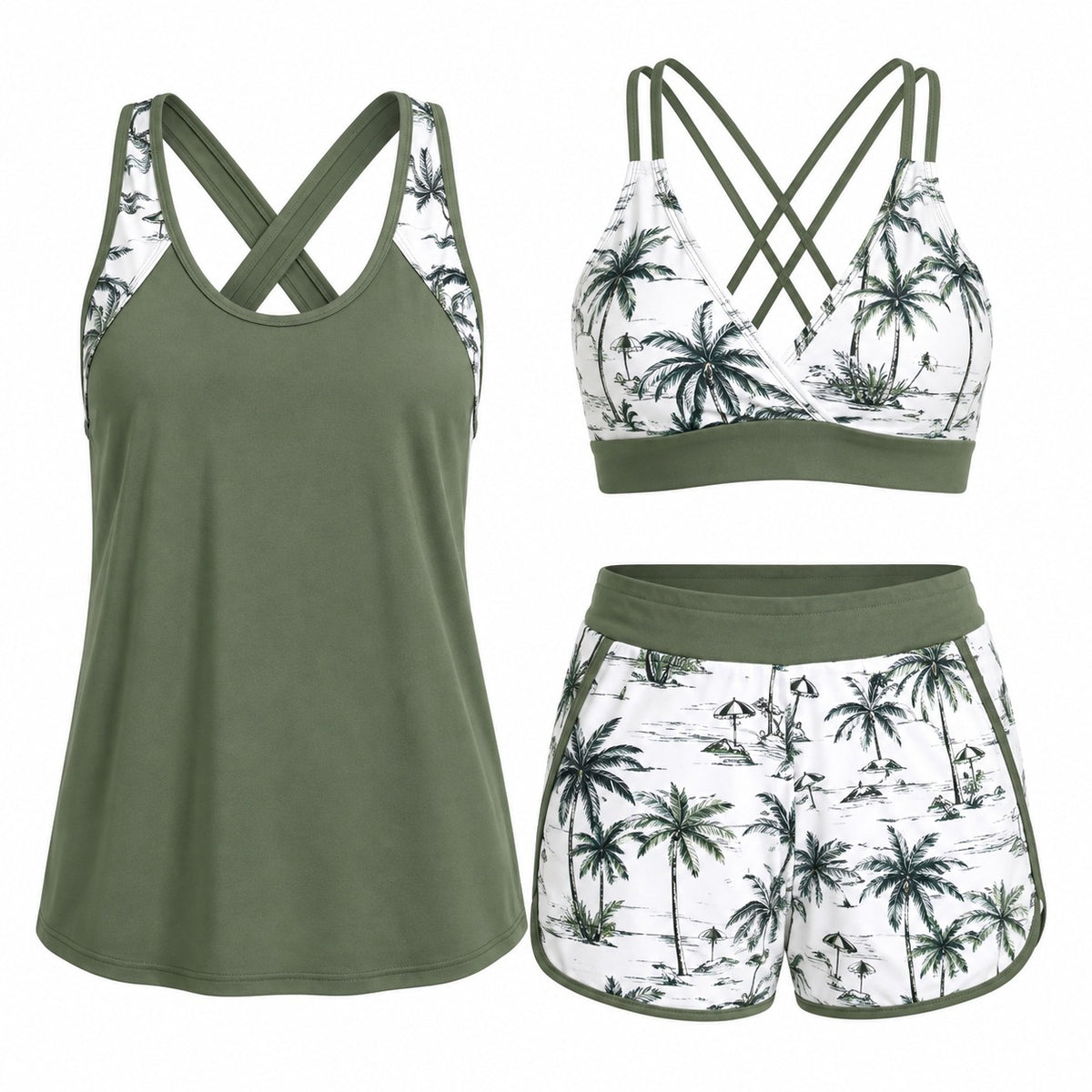 Silja™ 3-teiliges Tankini-Set mit überkreuztem Top, Trägertop und Shorts