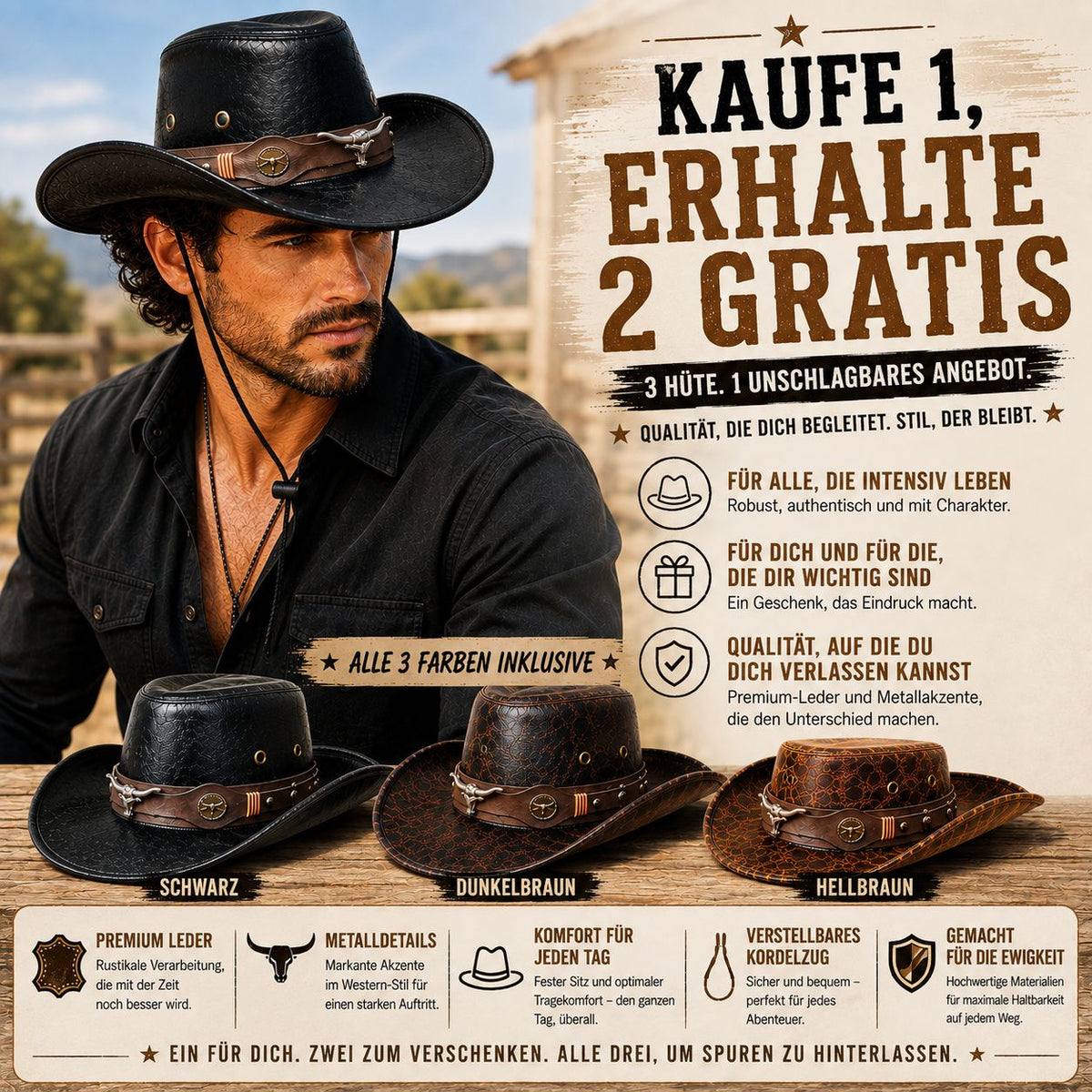 KAUFE 1, ERHALTE 2 GRATIS - Dakota™ Westernhut aus Premium-Leder mit rustikalem Finish und Metalldetails alemanha