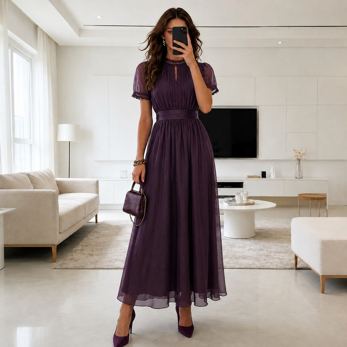 Kleid Marleen™ mit fließendem Fall, definierter Taille und Puffärmeln