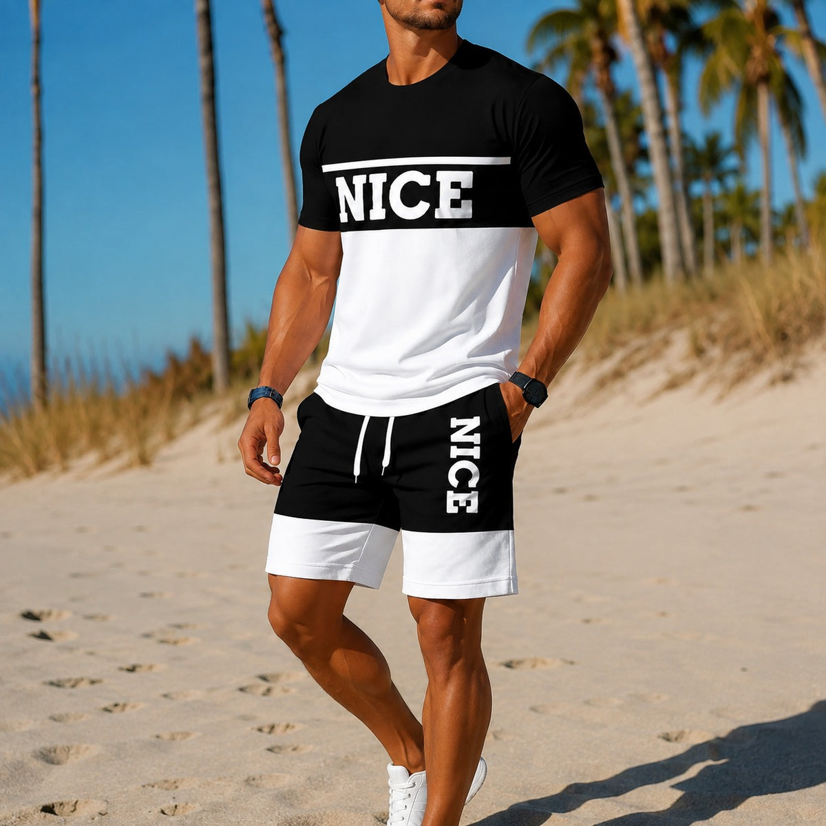 Set Falk™ mit zweifarbigem Print-T-Shirt und Shorts mit Kordelzug