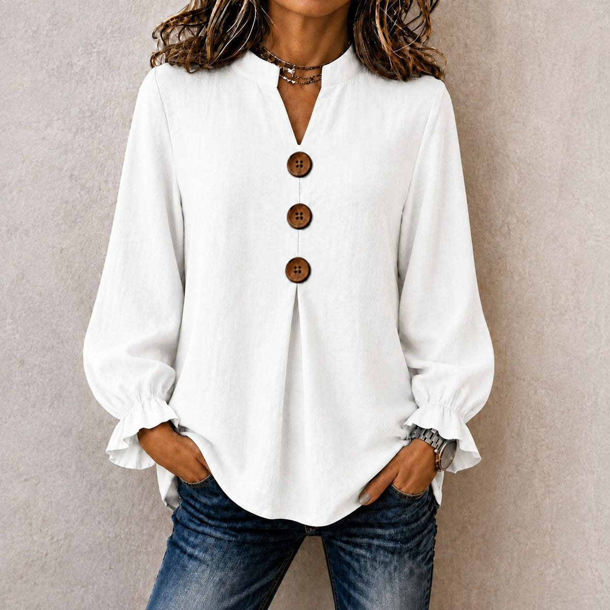 Bluse Christina™ mit Stehkragen, Knopfleiste und Rüschenbündchen