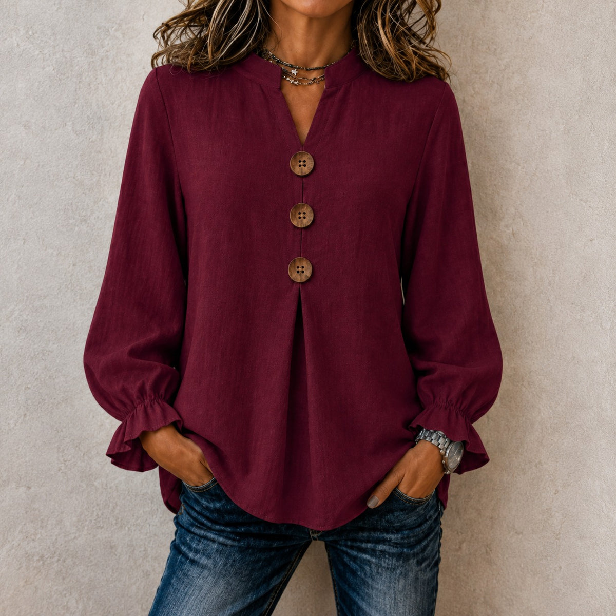 Bluse Christina™ mit Stehkragen, Knopfleiste und Rüschenbündchen