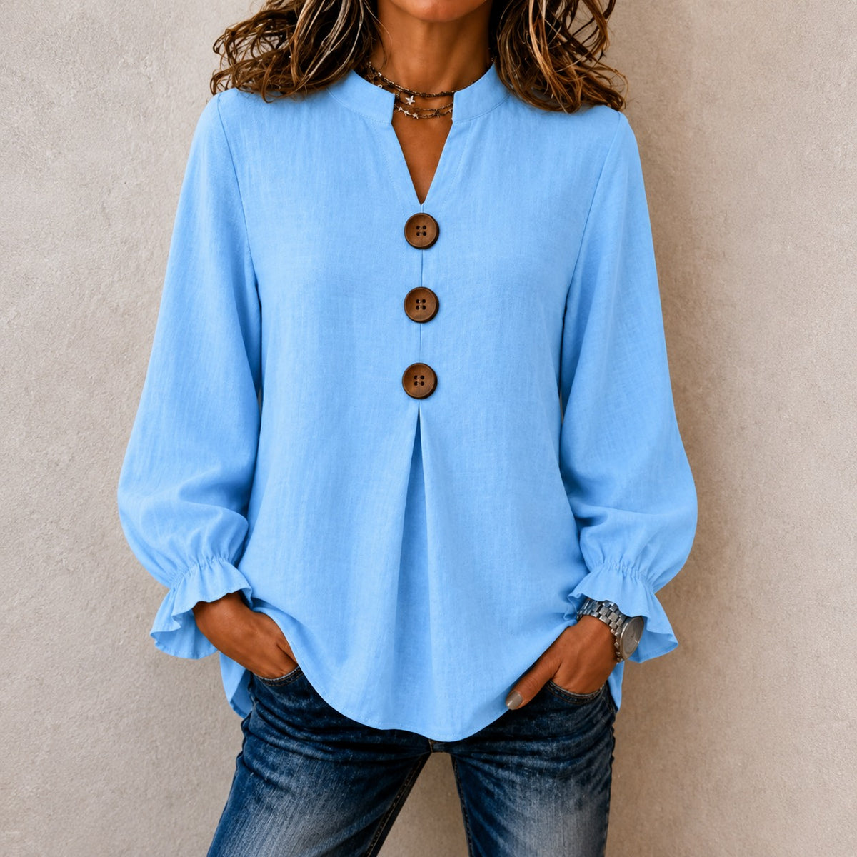 Bluse Christina™ mit Stehkragen, Knopfleiste und Rüschenbündchen